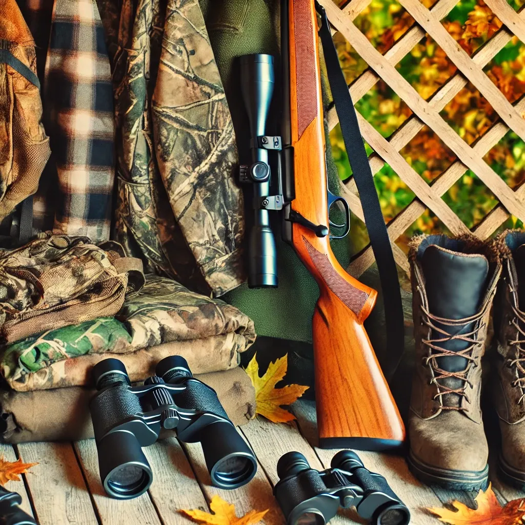 DALL·E 2024-08-29 15.59.19 - A well-organized and rustic hunting gear setup for the autumn hunting season. The image should include essential hunting equipment such as a rifle, bi