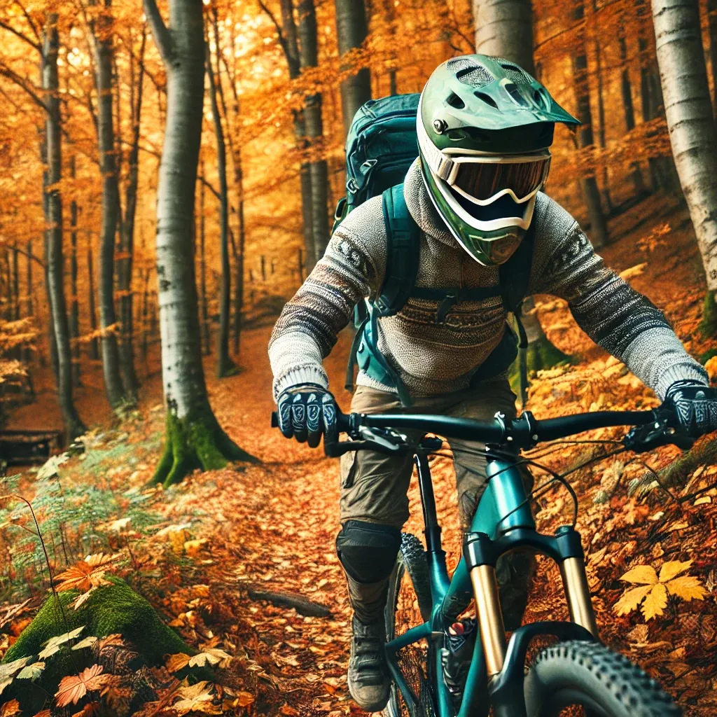 DALL·E 2024-08-29 16.03.38 - An autumn forest scene featuring a mountain biker navigating a trail covered in colorful leaves. The image should include essential biking gear like a