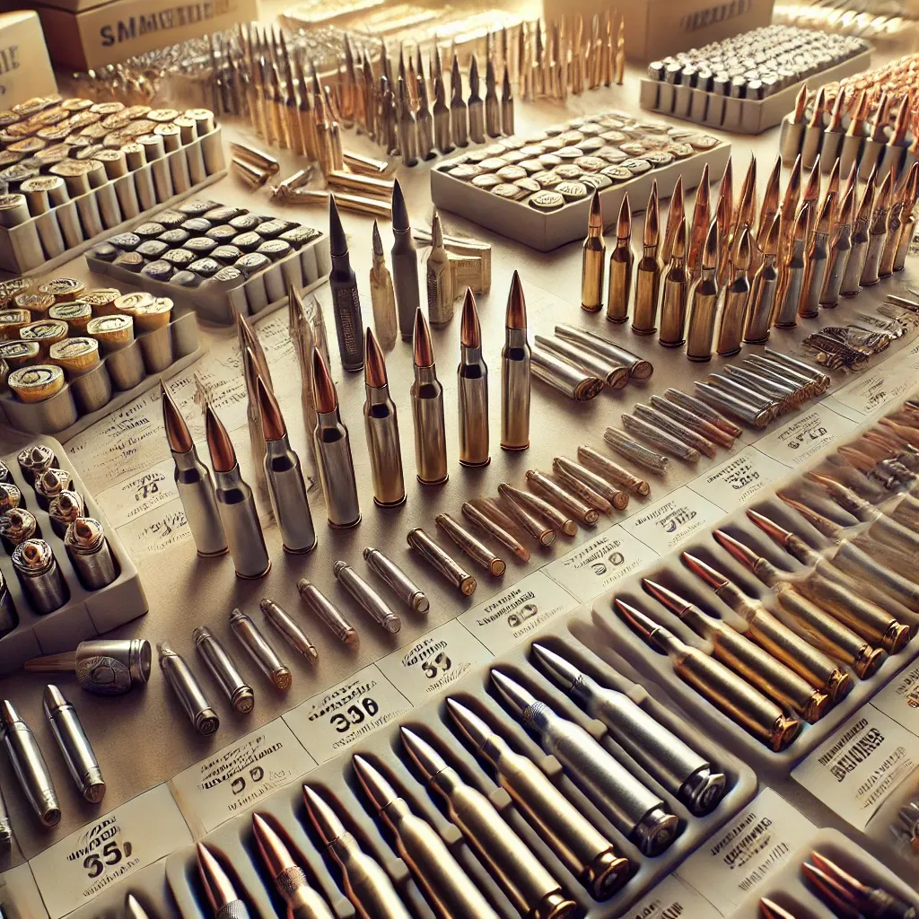 DALL·E 2024-08-29 16.06.50 - A detailed and informative image showcasing different types of hunting ammunition, including various calibers, bullet types, and weights. The scene sh