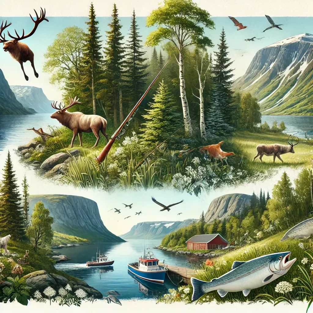 DALL·E 2024-08-29 16.12.43 - A picturesque scene showcasing the best outdoor adventures in the Nordic region, including elements like dense Swedish forests for hunting, majestic N