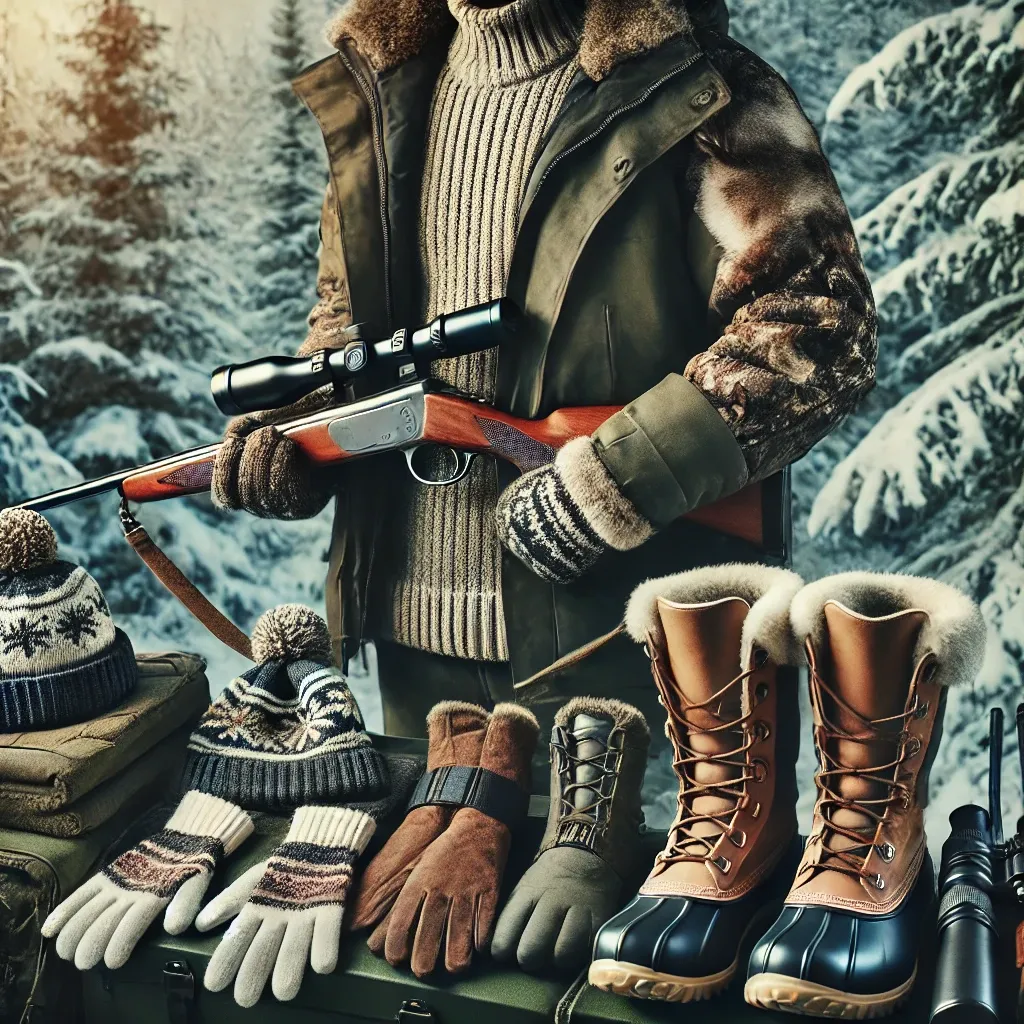 DALL·E 2024-08-29 16.15.02 - A winter hunting scene featuring a well-prepared hunter dressed in layered, insulated clothing suitable for cold weather. The image should include ess