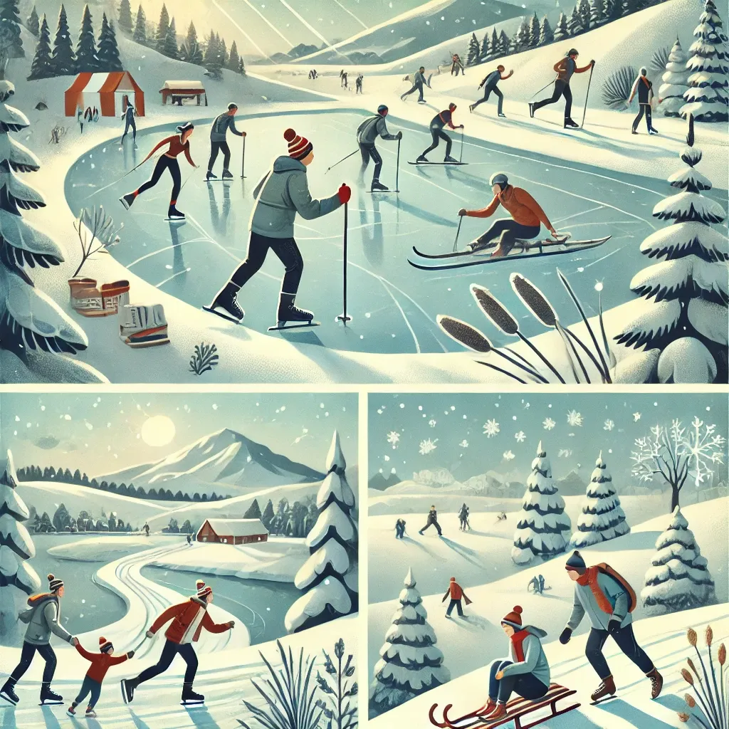 DALL·E 2024-08-29 16.21.06 - A winter outdoor scene featuring various winter activities such as ice skating, cross-country skiing, and sledding. The image should include elements