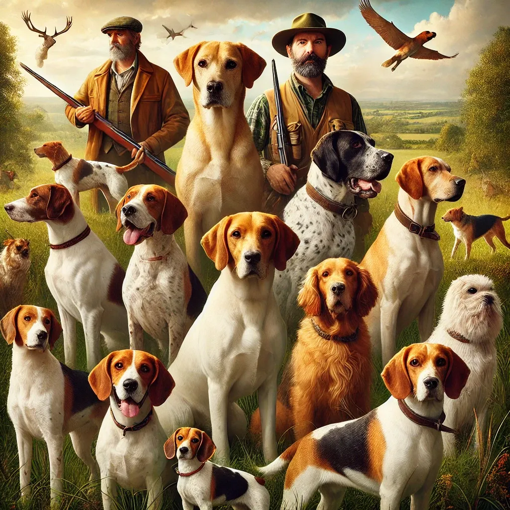 DALL·E 2024-08-29 16.25.00 - A scene featuring various hunting dog breeds, such as Labrador Retriever, English Springer Spaniel, Pointer, Beagle, and others, each posed in a natur