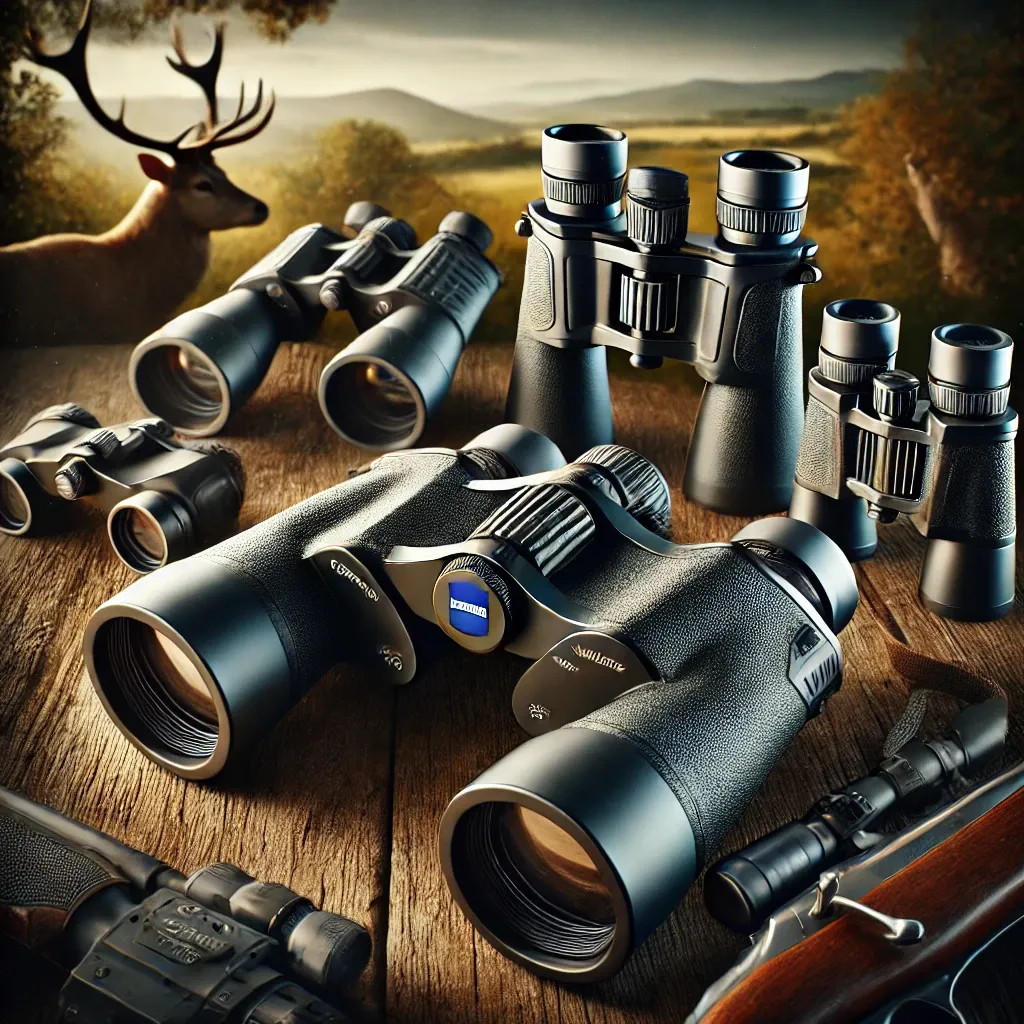 DALL·E 2024-08-29 16.26.32 - A detailed and professional image showcasing the top 5 binoculars for hunting and shooting. The image should include different models such as Zeiss Vi