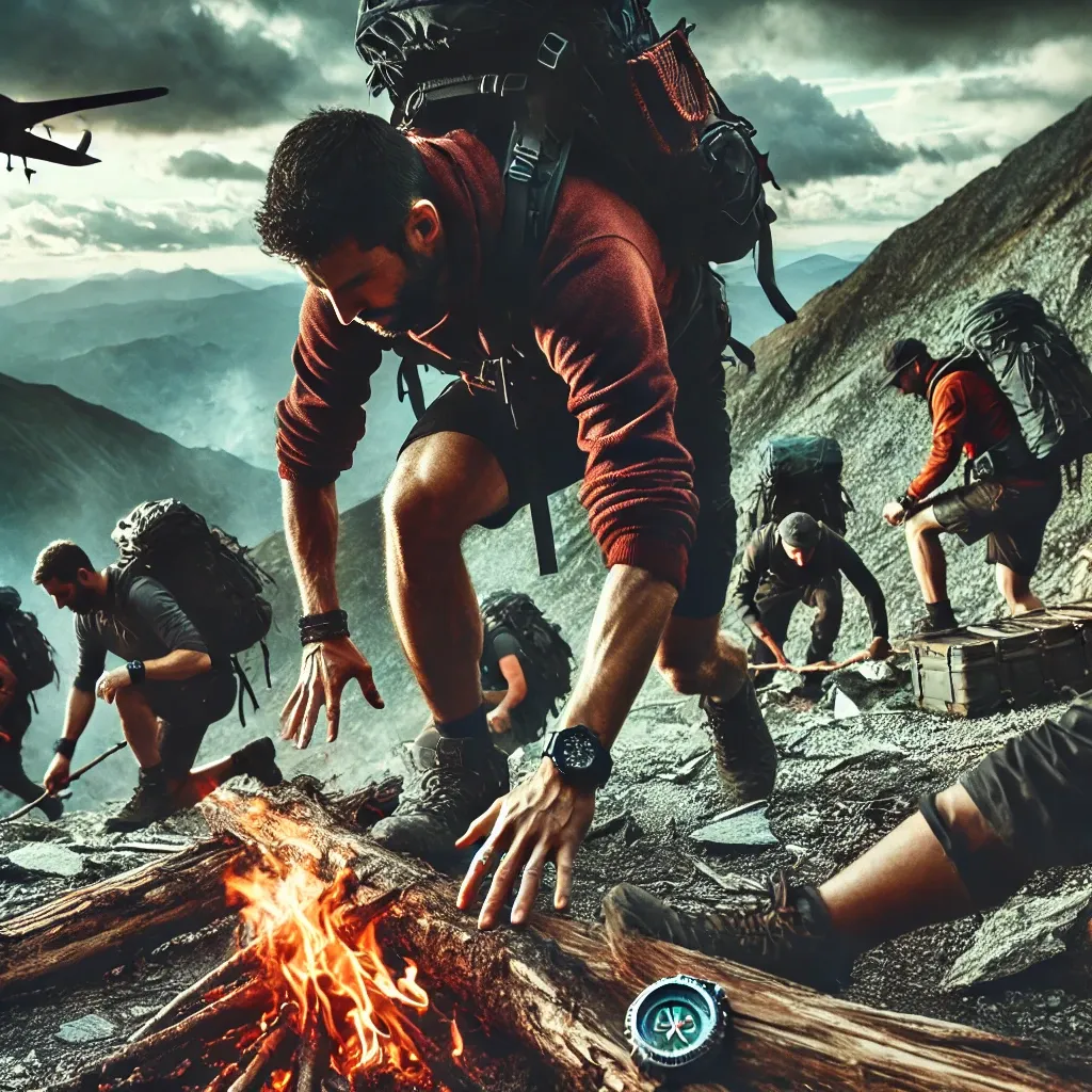 DALL·E 2024-08-29 16.28.35 - A dynamic outdoor scene showing participants in a survival run, navigating challenging terrain and performing survival tasks like building a shelter,