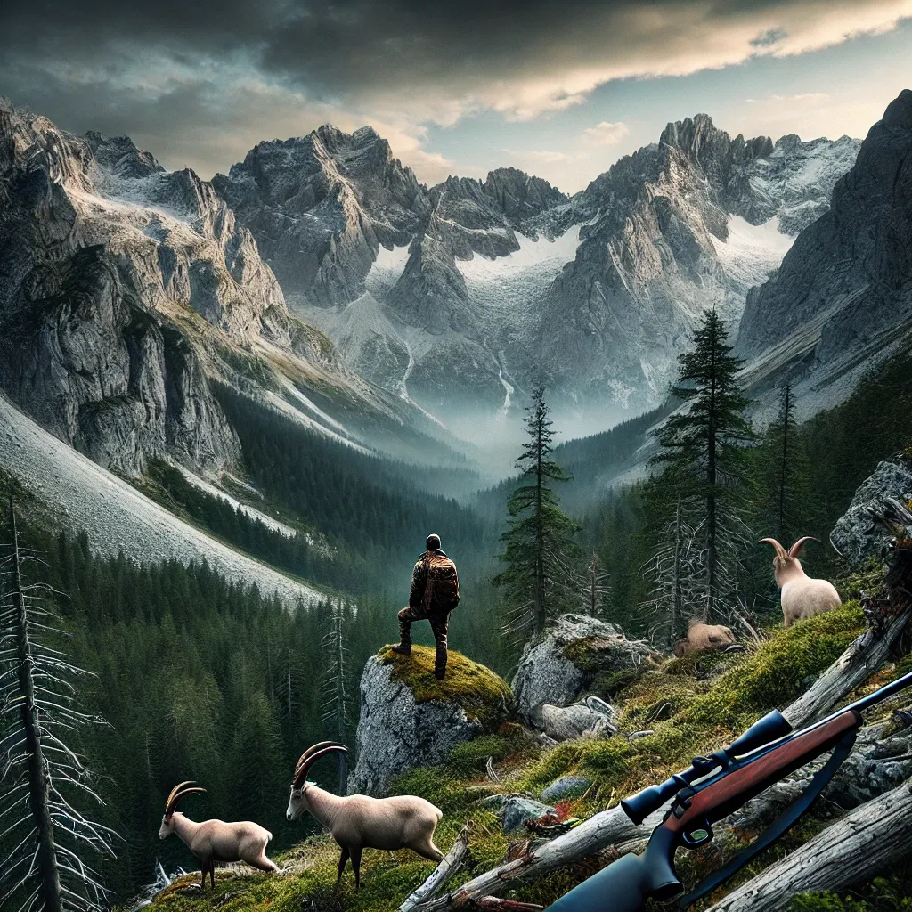 DALL·E 2024-08-29 16.30.19 - A breathtaking mountain hunting scene in the Alps, featuring a hunter in rugged terrain, surrounded by towering peaks, dense forests, and possibly sno